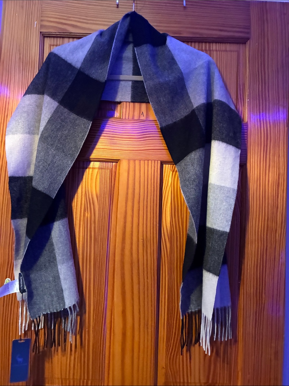 Cashmere /wool large plaid fringe scarf in a classic monochrome color block